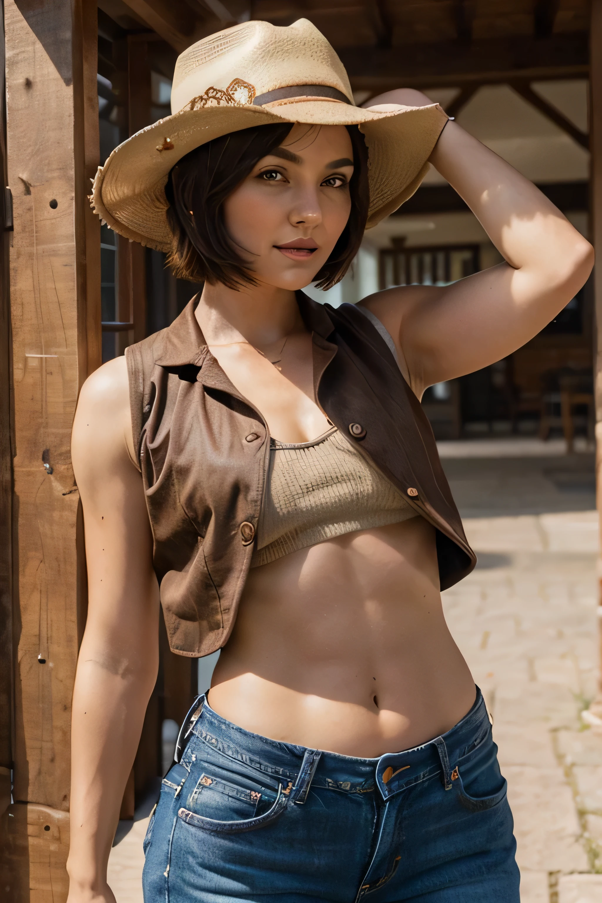 woman with short hair, just wearing brown cowboy mini vest and cowboy hat and show off her stomach and wearing jeans