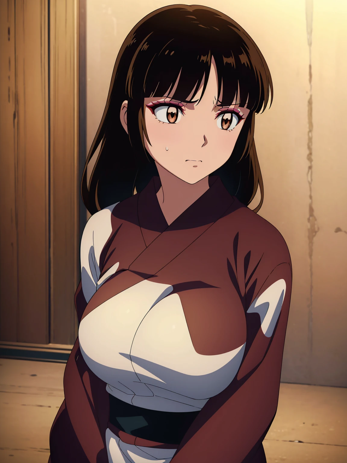 Coral,(((((long、Brown Eyes、Eyeshadow))))) 、(((((tits)))))、((((kimono、tits))))、Sweaty、Solo,Sad face,sad、((((Sad face))))、anime、（（（（NSFW））））、(masterpiece、Highest quality)、Best Quality, Mastepiece, 超High resolution, ((Mastepiece:1.4, Best Quality)), ((Mastepiece, Best Quality))、 (超High resolution:1.2), High resolution、perfection、Mastepiece, Best Quality, Detailed , Soft Dim Lighting, Add_Details, Good lighting、Very detailed、Very detailedCGユニティ8Kでの壁紙、An illustration、((Beautiful detailed face))、( ((Super detailed )))、High resolutionAn illustration、((An illustrationベスト))、Highly detailed eyes、perfectionな照明、(NSFW:1), (((masterpiece))), Adult women、Mature Woman、(1 person)、Solo Focus、Shiny skin、 Beautiful girl with beautiful details, Very cute, Beautiful girl with beautiful details, Professional photography lighting, Very detailed目と顔, Eyes with beautiful details、Beautiful detailed hair, Beautiful detailed cold face、 (Dark Shot:1.4), (Best Shadow), In the darkness, Deep Shadow,