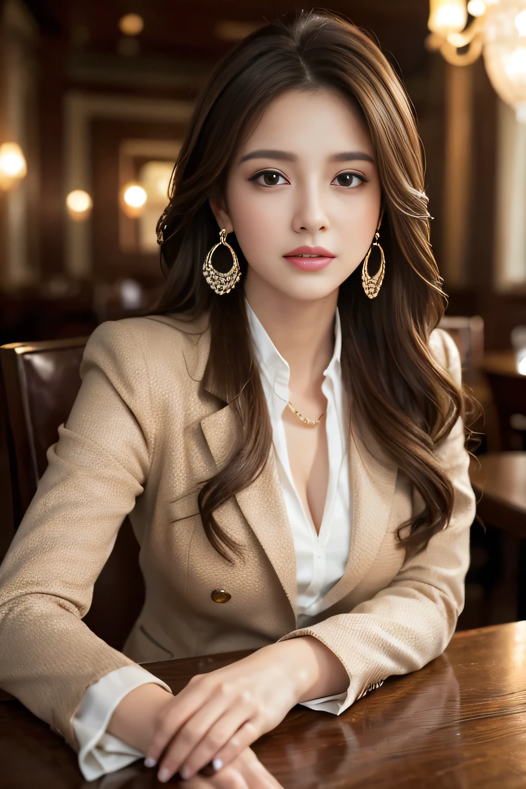 masterpiece, Highest quality, Realistic, Very detailed, Finer details, High resolution, 8k wallpaper, One beautiful woman, Wear a nice suit, In a great restaurant, At night, Light brown messy hair, Perfect dynamic composition, Beautiful and beautiful eyes、Big earrings、Sitting in a chair、