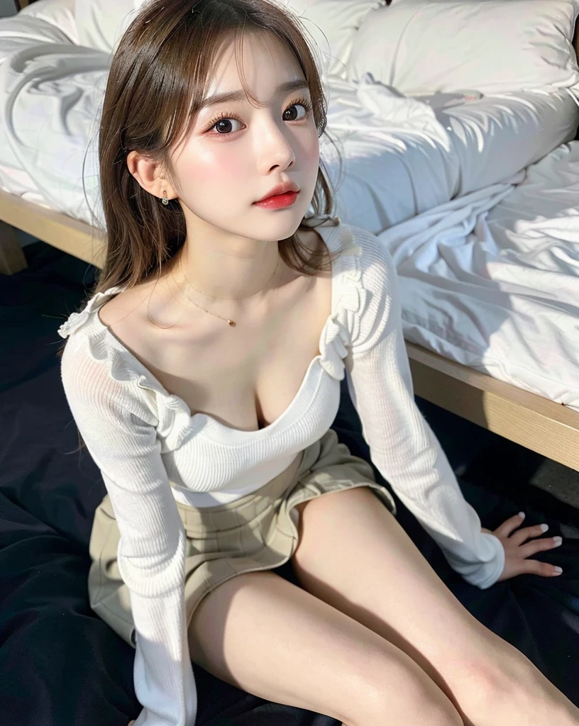 (8k、RAW Photos、Best image quality、masterpiece:1.3)、(Realistic、Photorealistic:1.3)、One Girl、(cute:1.mall Tits:、(sunli(sunlight)、(Red sunlight)、Sunee、(Look at the viewers:1.3)、Wavy long hair、(Earringouth closed、Urzan-6500-v1.1:0.5. Green wool skirt、There is a woman sitting on the ground next to the bed., 若くてcute女の子, 2 4-year-old fem cute若い女性, Gorgeous Young Korean Woman, Good young girl, Beautiful Asian Girl, Gorgeous Chinese Model, Korean Girls, cute若い女の子, cute若い女性, Beautiful face with arms and legs, sakimichan, cute女の子