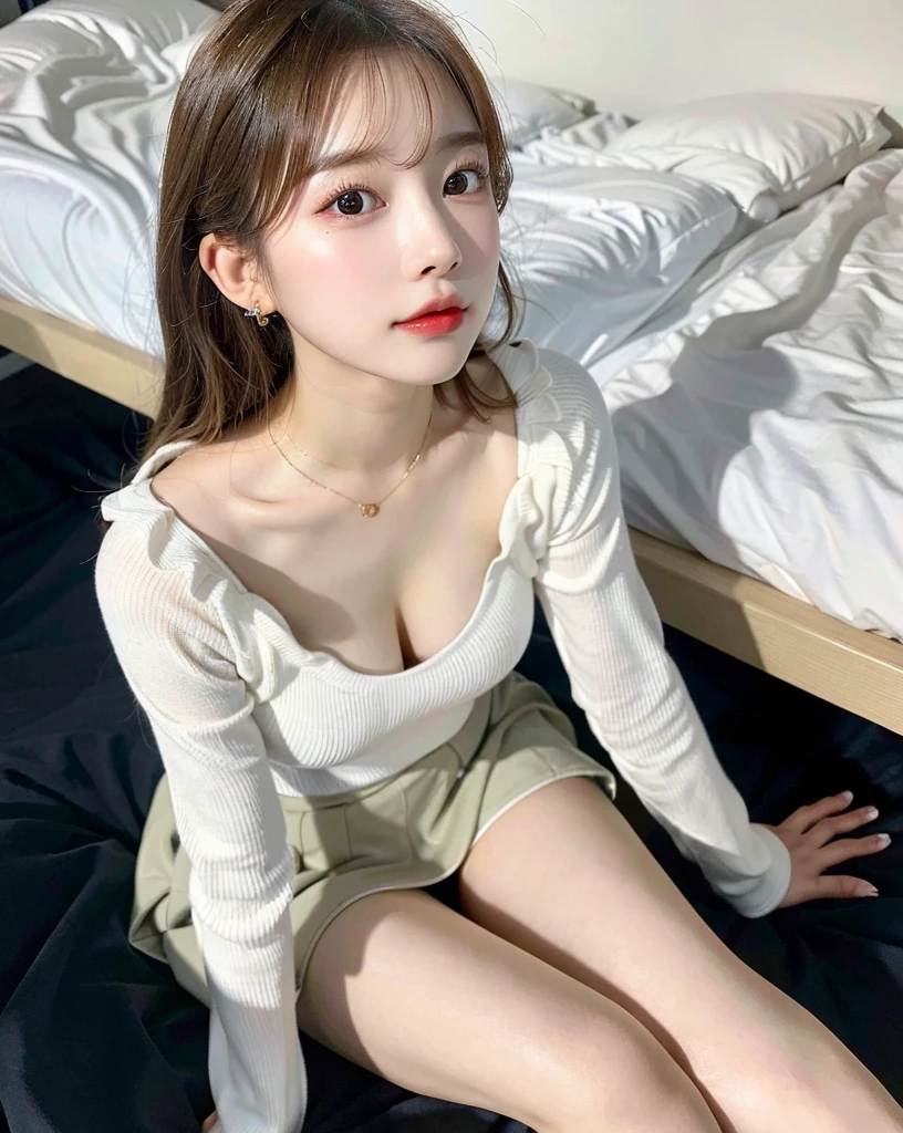 (8k、RAW Photos、Best image quality、masterpiece:1.3)、(Realistic、Photorealistic:1.3)、One Girl、(cute:1.3)、(Small Tits:1.3)、(sunlight)、(sunlight)、(Red sunlight)、Sunee、(Look at the viewers:1.3)、Wavy long hair、(Earringouth closed、Urzan-6500-v1.1:0.5. Green wool skirt、There is a woman sitting on the ground next to the bed., 若くてcute女の子, 2 4-year-old female model, cute若い女性, Gorgeous Young Korean Woman, Good young girl, Beautiful Asian Girl, Gorgeous Chinese Model, Korean Girls, cute若い女の子, cute若い女性, Beautiful face with arms and legs, sakimichan, cute女の子