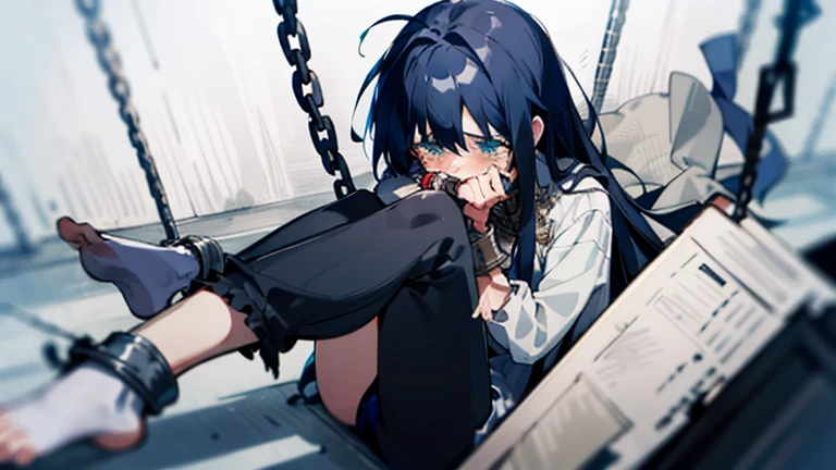 messy black long hair girl eyes are hidden Her clothes are like rags, and her hands and feet are shackled. she's in jail again the girl is crying The girl is very thin. high quality images