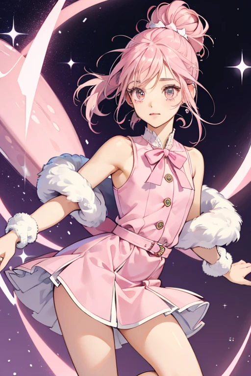 Swirly Figure Eight is a dark-skinned girl with plain black button eyes and light pink cheeks. She has a small snowflake marking below her left eye. Her hair is coral pink and worn at the top of her head as a bun/ponytail held with a bright pink bow. She has some pale pink locks near her bangs
Swirly is normally wearing a skating uniform, considering how much time she spends outside on the ice, but she always dresses warmly as well. Her outfit consists of a light pink-purple dress made with a very soft, velvet-like material. It has fur at the neck and cuffs, along with a small white vest-like piece at her shoulders. Underneath her dress are magenta puffed shorts. She also wears knee length pink socks and white ice skates with pink laces. SPARKLE; GLITTER