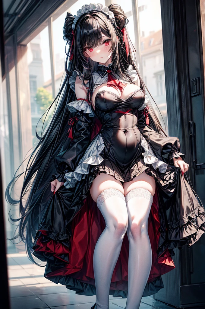 masterpiece, super detailed, precision art, beautiful young woman, 18 years old, waist length straight silky black hair, flawless pale white skin, beautiful blood red eyes, symmetrical face, sexy and beautiful but dangerous and deadly, staring into her eyes is as if you are being marked by a predator, thick and plump blood red lips, slender and athletic body, modest breasts, modest curves, small round ass, tall height(180cm), wearing elegant yet battle ready French maid uniform not showing excessive, thigh-high stockings and detached sleeves, hip level shot