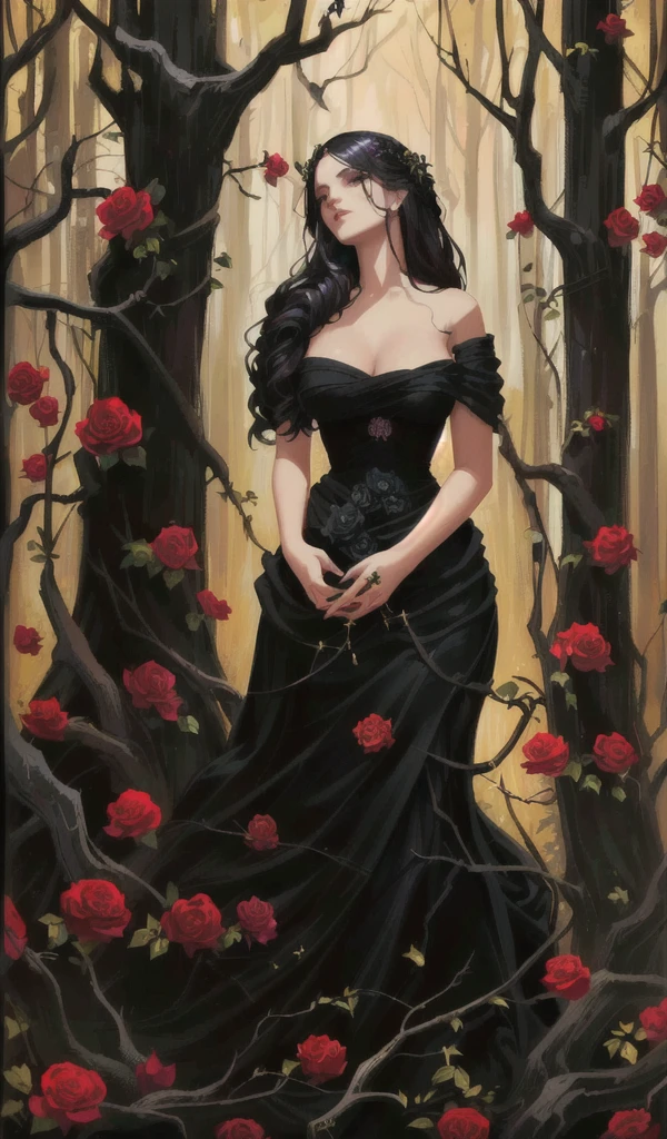 a painting of a woman in a black dress standing in a forest, she is the queen of black roses, persephone as goddess of death,  earley, persephone, persephone in spring, ray swanland, artstyle tom bagshaw, jana brike art, by Eddie Mendoza, dark beauty, gothic maiden, gothic painting, detailed 3d gothic oil painting