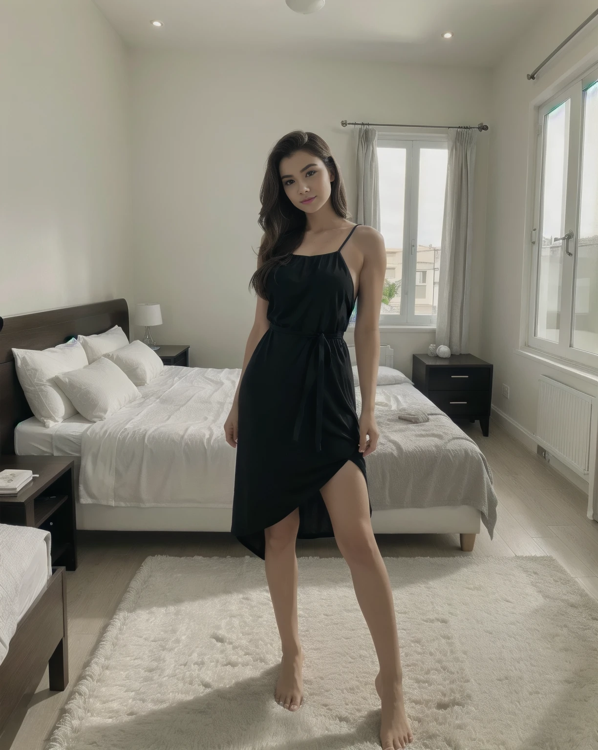 A beautiful young Brazilian woman, with the (extremely pale skin:1).wearing a black dress. standing, in a large room, with a bed with pink sheets, window overlooking the pool, Full body photo, 4k, high quality,