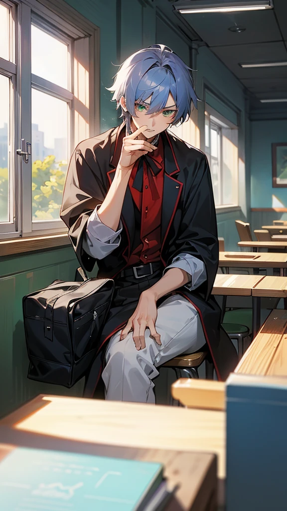 anime: A 15-year-old anime boy was sitting in the cafeteria of his high school., He had facial features that made him look cute., His short hair was a light raven color., He had heterochromia which differentiated him from the rest., with his left eye green and the other red, He seemed somewhat disinterested around him., I was not eating, in fact, I just looked at the window thoughtfully 