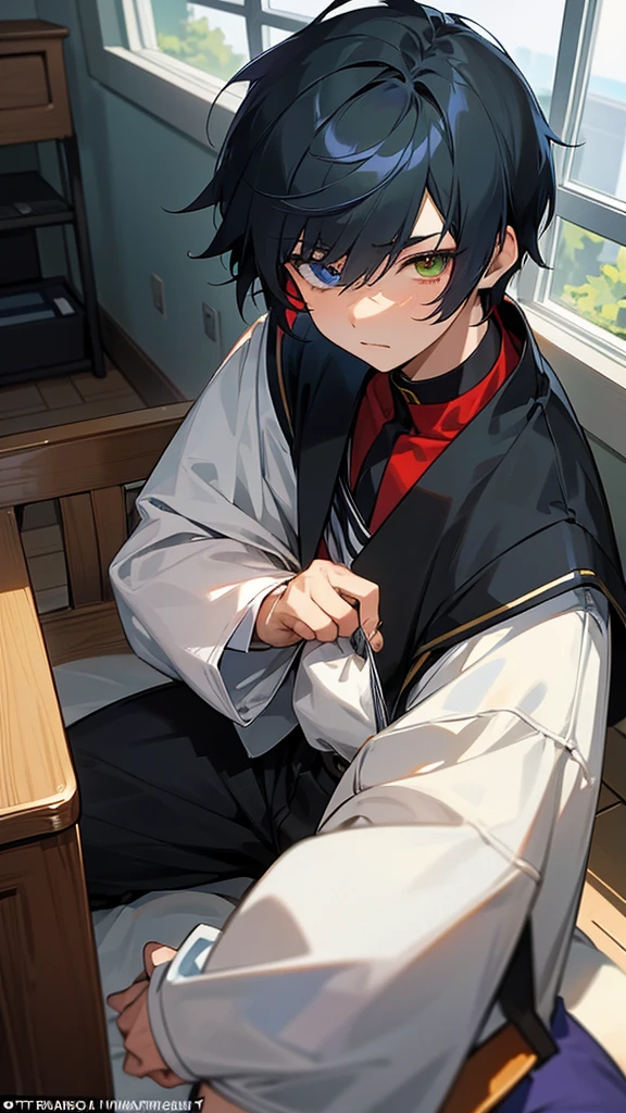 anime: A -yeld an boy was sitting in the cafeteria of his high school., He had facial features that made him look cute., His short hair was a light raven color., He had heterochromia which differentiated him from the rest., with his left eye green and the other red, He seemed somewhat disinterested around him., I was not eating, in fact, I just looked at the window thoughtfully