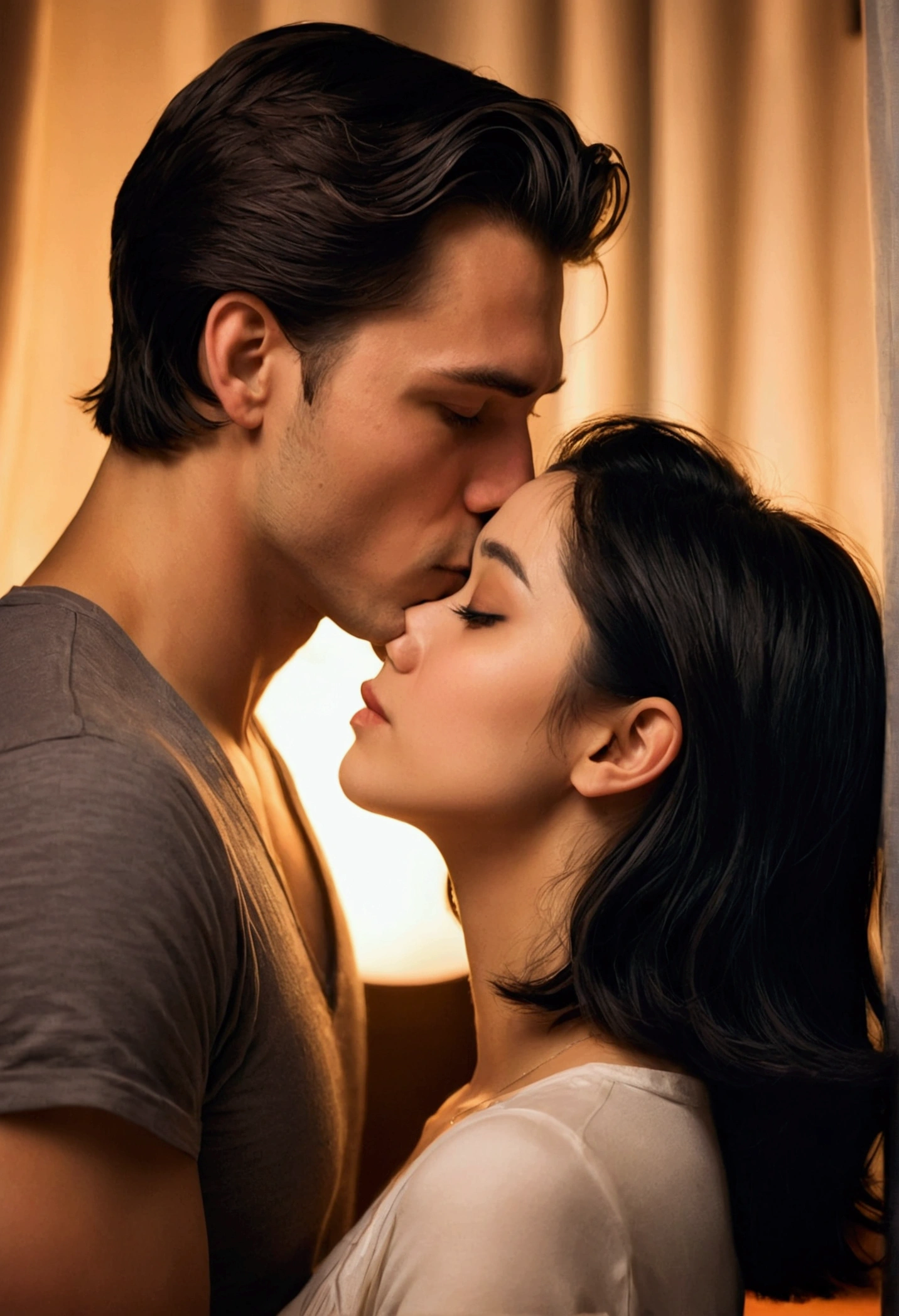 A handsome and cold-faced young man.. A girl with short black hair gently kisses a girl with long dark brown hair in her bedroom in the romantic atmosphere of the night.