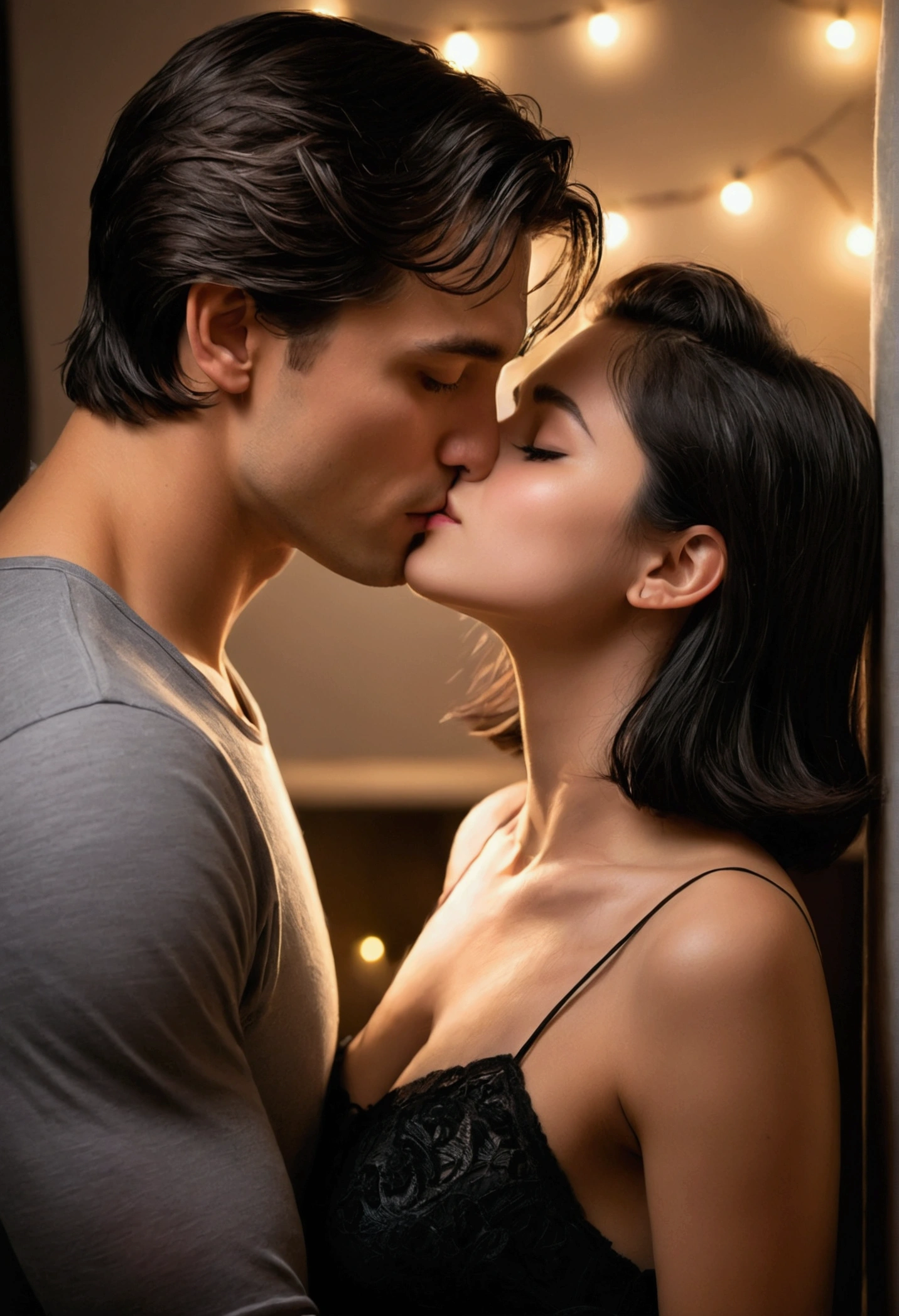 A handsome and cold-faced young man.. A girl with short black hair gently kisses a girl with long dark brown hair in her bedroom in the romantic atmosphere of the night.
