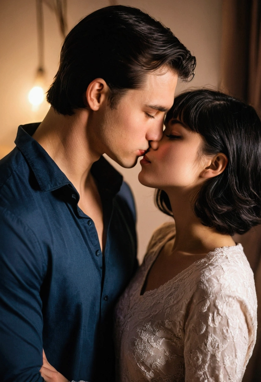 A handsome and cold-faced young man.. A girl with short black hair gently kisses a girl with long dark brown hair in her bedroom in the romantic atmosphere of the night.