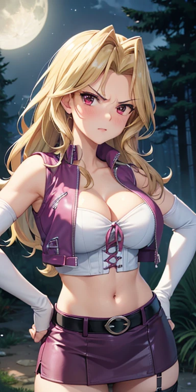 1 Female,High definition,high resolution,Ultra-realistic,8K, kujaku mai, blonde hair, red eyes, breasts, blush, purple skirt,tight skirt, miniskirt, long hair, large breasts, elbow gloves, white gloves, navel, cleavage, detached sleeves, midriff, belt, vest, crop top, bustier,European,sexy,Upper body close-up,Photographed from the front,Dynamic Angles,blush, medium tits,((upper body)),(angry:1.3), moonlight ,dark sky,forest