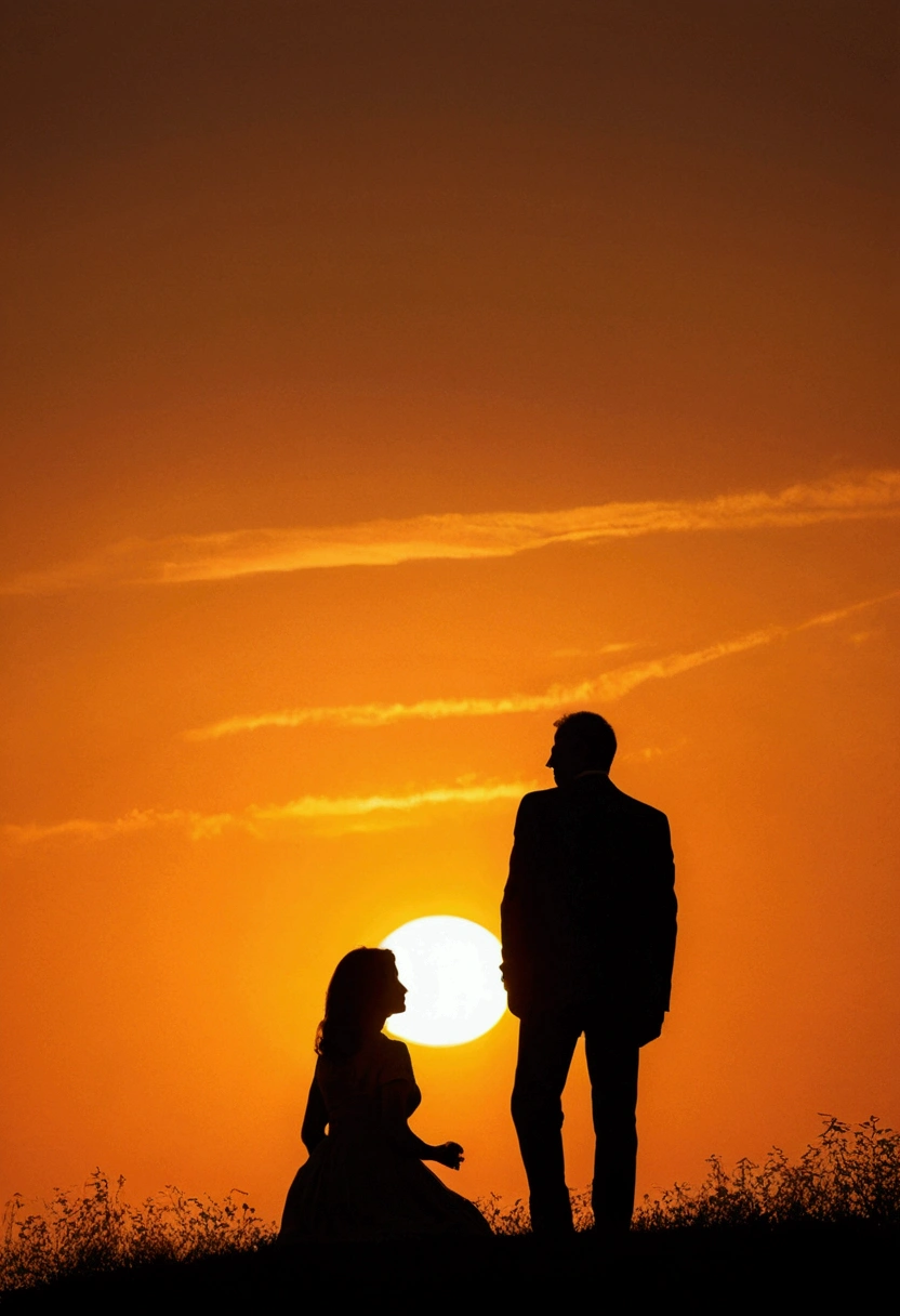Les deux personnages se tiennent sur une colline, regardant un coucher de soleil. Leurs silhouettes se tiennent étroitement ensemble, symbolizing their promise to never part.