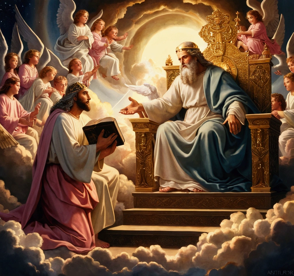 painting of God sitting on a throne with angels surrounding him, sat in his throne, bible illustration, biblical painting, religious painting, epic biblical depiction, biblical art, catholic religious art, divine realm of gods, christian art, beautiful depiction, heaven on earth, religious art, by Hristofor Žefarović, by Arthur Pan, sitting on his throne