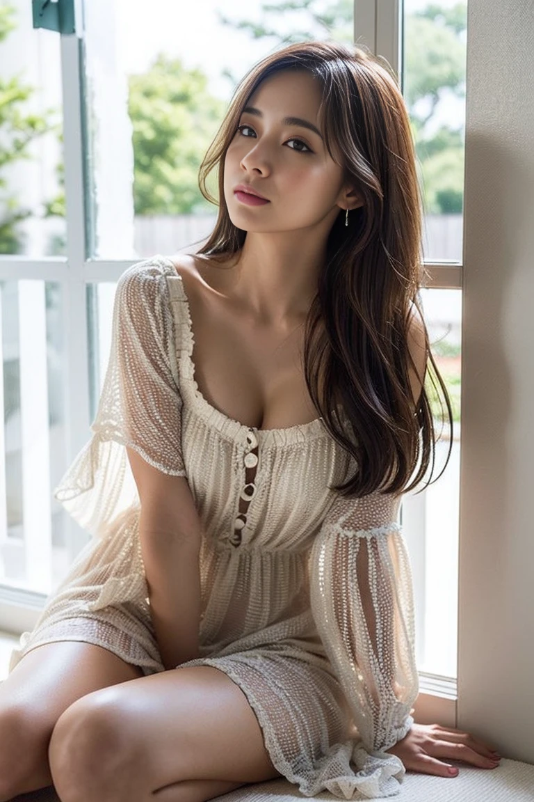 ( (8K:1.27), the best qualityt, A Masterpiece, An ultra-Highres:1.2) Photo of beautiful asian woman (Sweat:1.0)(beatiful:1.1) (negligee:1.21) Greg Rukowski and Alphonse Mucha designed intricate elegance、fantastical、detail、geometric、Gradient lighting,1girls, Delicate skin, looking at viewers, Brown eyes, (Short flaxen hair:1.2), (Medium breast:1.0), (Medium areola:0.8), (Lifelike:1.4), (Best Picture Quality:1.0), (An ultra-Highres:1.0),(No hands:1.0), 8K, RAW photos, (A Masterpiece:0.2), (PureErosFace_V1:0.5),Beautiful buttock line