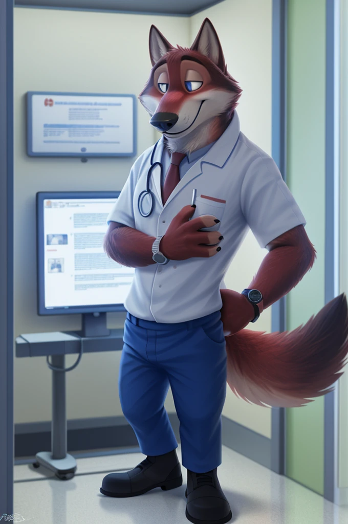 Joachim Wolfbach (Zootopia),tall handsome, wolf,young, 24 years, brown fur,(red body:1.3),Blue eyes, Moscow Dressed,red cassock, red headdress,in a white medical gown,shirt pants,shoes,tie, BLUE, stethoscope, врач pediatrician,canine, wolf, detailed fur, Male, antro, paw pads, finger claws,Prays, at viewer, 5 fingers, paws, 5 fingers, smile, happy, resting, wrist watch,stethoscope,looks at the monitors, т nextel,hospital,bypasses пациентов, by xenoforge, (difficult, high detail, digital, photo, soft focus, RAW, pediatrician,ulba,tender, very kind, sincere, bypasses, patient, детский врач pediatrician,
photorealism, realistic, photorealistic, analog style, subsurface scattering,
masterpiece, Best quality, ultra realistic, 8 K)