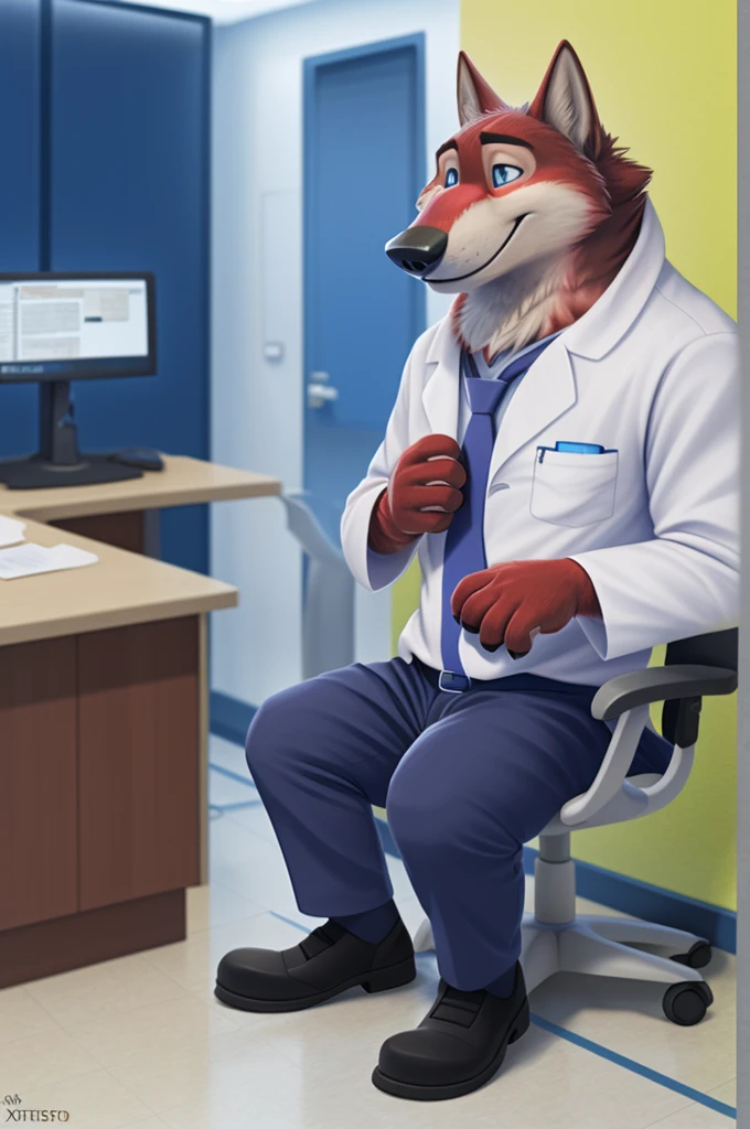 Joachim Wolfbach (Zootopia),tall handsome, wolf,young, 24 years, brown fur,(red body:1.3),Blue eyes, Moscow Dressed,red cassock, red headdress,in a white medical gown,shirt pants,shoes,tie, BLUE, stethoscope, врач pediatrician,canine, wolf, detailed fur, Male, antro, paw pads, finger claws,Prays, at viewer, 5 fingers, paws, 5 fingers, smile, happy, resting, wrist watch,stethoscope,looks at the monitors, т nextel,hospital,bypasses пациентов, by xenoforge, (difficult, high detail, digital, photo, soft focus, RAW, pediatrician,ulba,tender, very kind, sincere, bypasses, patient, детский врач pediatrician,
photorealism, realistic, photorealistic, analog style, subsurface scattering,
masterpiece, Best quality, ultra realistic, 8 K)