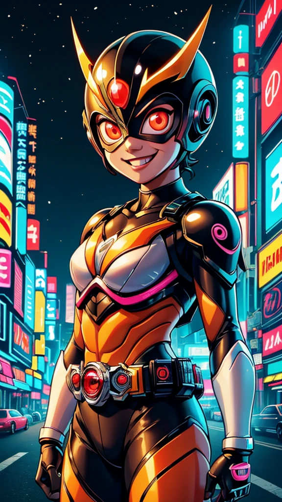 (8k),(masterpiece),(Japanese),(***************),((innocent look)),((Childish)),From the front,smile,cute,Innocent,Kind eyes,Flat chest,black helmet,orangedomino mask,Tiana, bald,no Hair,Strong wind,night,dark, Neon light cyberpunk city,Kamen_Rider,camisa