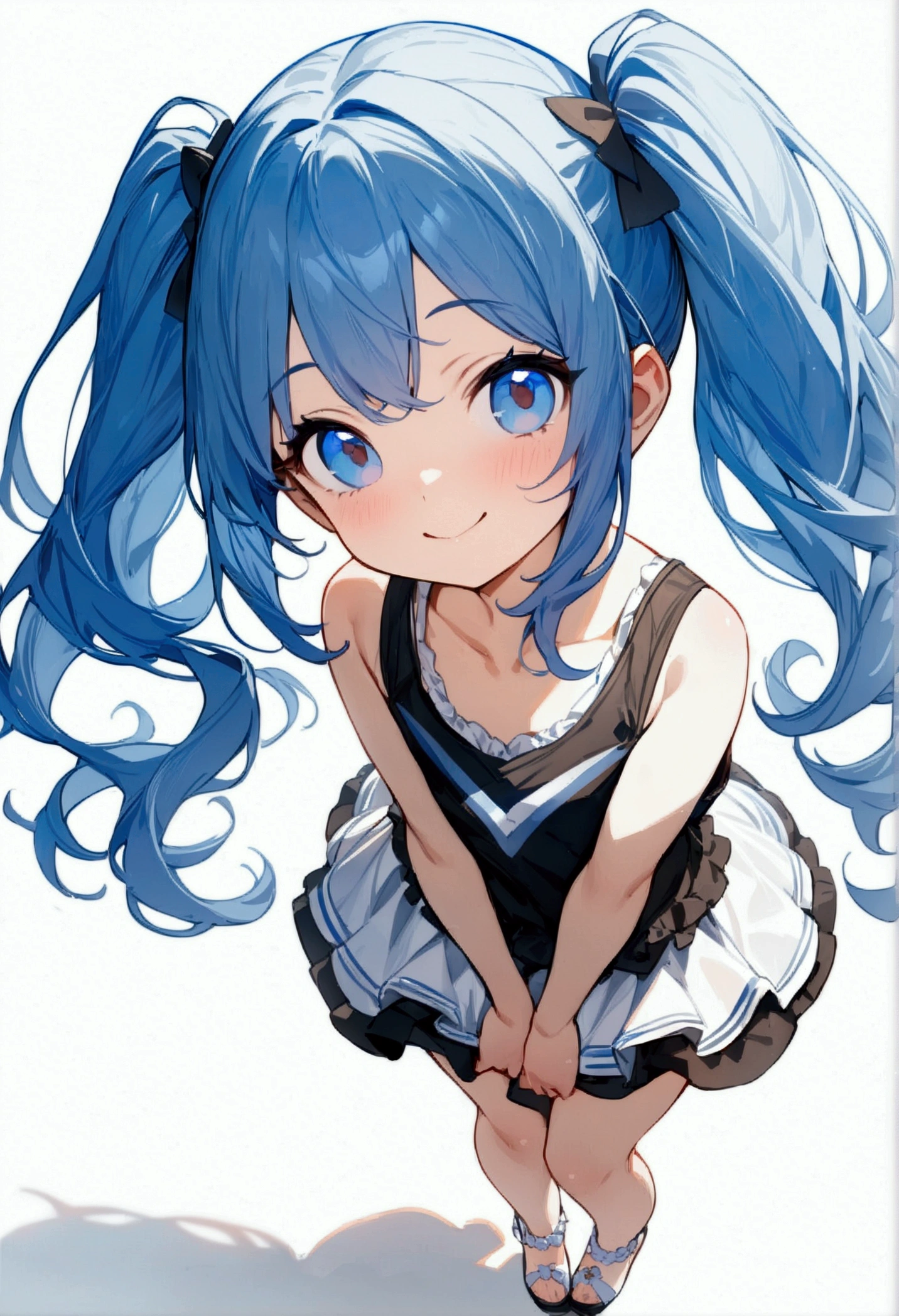 full body, (female): 1girl, (solo), (perfect face), (detailed outfit), (), beautiful female, smile (happy), blue hair, long hair, twintails hair, blue eyes, (tank top,), (white background), (masterpiece:1.4), (best quality), (ultra-detailed)