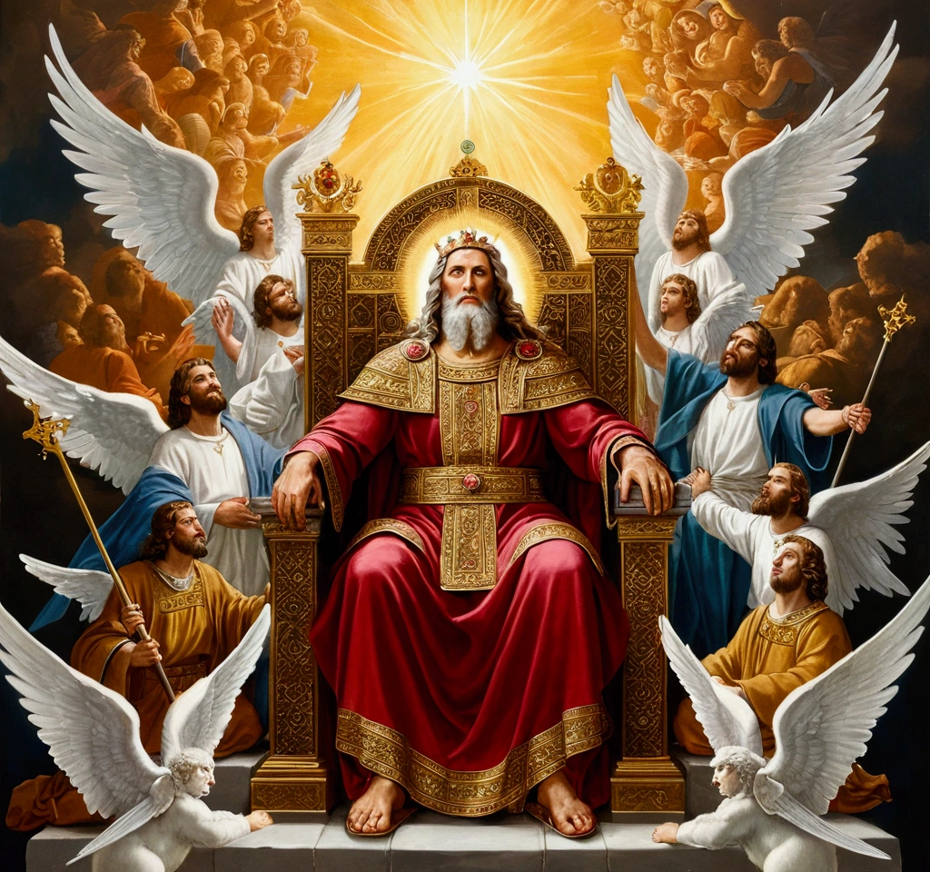 painting of God sitting on a throne with angels surrounding him, sat in his throne, bible illustration, biblical painting, religious painting, epic biblical depiction, biblical art, catholic religious art, divine realm of gods, christian art, beautiful depiction, heaven on earth, religious art, by Hristofor Žefarović, by Arthur Pan, sitting on his throne