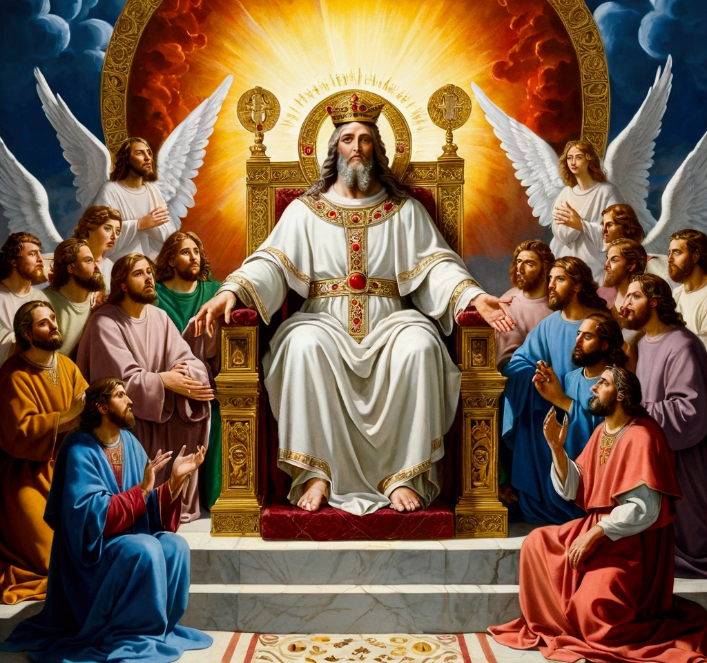 painting of God sitting on a throne with angels surrounding him, sat in his throne, bible illustration, biblical painting, religious painting, epic biblical depiction, biblical art, catholic religious art, divine realm of gods, christian art, beautiful depiction, heaven on earth, religious art, by Hristofor Žefarović, by Arthur Pan, sitting on his throne