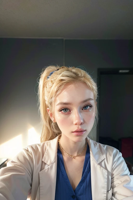 beautiful woman, Blonde, European traits, formal short foul, dressed as a doctor, photorealist, good lighting quality, ponytail, 3D