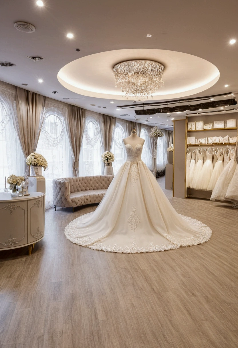 Interior decoration of a wedding dress store. The store has two facades on the street and its area is 40 meters