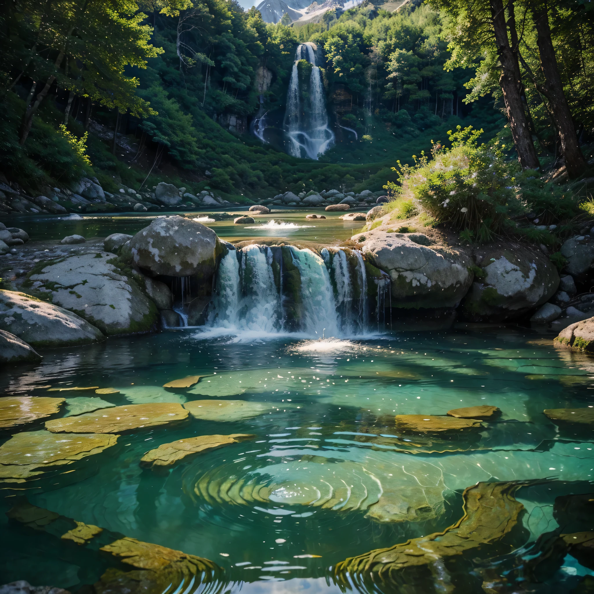Crystal clear mountain springs, shining with immaculate purity and in the water there is a huge rave party with 100 people dancing to the music, captivating everyone who beholds them. This breathtaking photograph captures the serenity of nature, showing the crystal clear waters amidst imposing peaks, a visual masterpiece that evokes a sense of tranquility and wonder. The image&#39;s impeccable clarity and vibrant tones transport the viewer to a realm of sublime beauty, where the melody of flowing water and the freshness of mountain air converge.