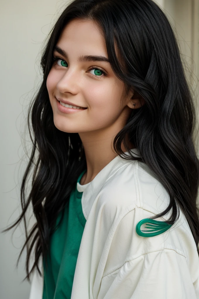 Girl,long black hair,green skin,green eye, take a white clothes