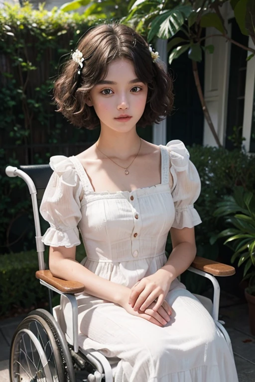 a single 18 year old girl, He has short hair, white and very curly, She is very beautiful, with tender, very beautiful, and she is wearing a long orange dress from the Victorian era, wheelchair bound, inside an old house