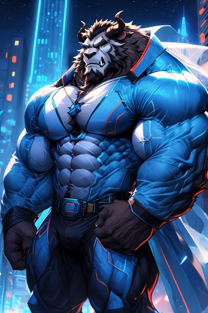 City background, skyscraper, futuristic city, night, stars, night lights, Beast from the movie Beauty and the Beast, Superhero, hero, Nadaria, massive muscles, huge pecs, chiseled ABS, huge pecs, exaggeratedly huge muscles. A furry hero whose presence inspires trust and respect. (((His hero suit is black and blue.)))