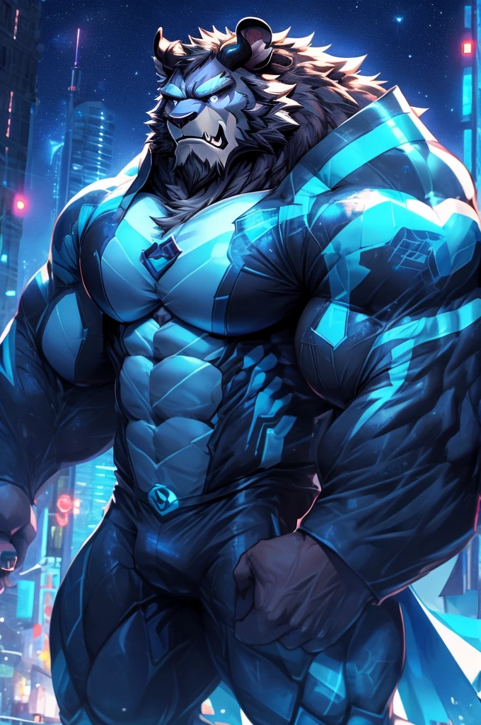 City background, skyscraper, futuristic city, night, stars, night lights, Beast from the movie Beauty and the Beast, Superhero, hero, Nadaria, massive muscles, huge pecs, chiseled ABS, huge pecs, exaggeratedly huge muscles. A furry hero whose presence inspires trust and respect. (((His hero suit is black and blue.)))