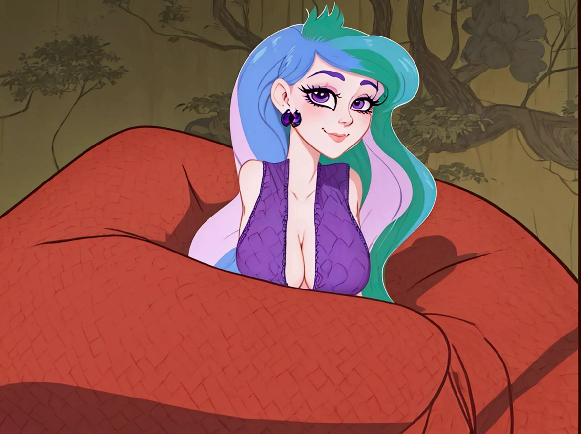 there is a cartoon of a woman with blue hair and a purple dress, sexy pudica pose gesture, holding a pudica pose, anthropomorphic mare, doing a hot majestic pose, windy mane, wistful ?????, serpentine pose, scales covering her chest, scales on her chest, nefarious smirk