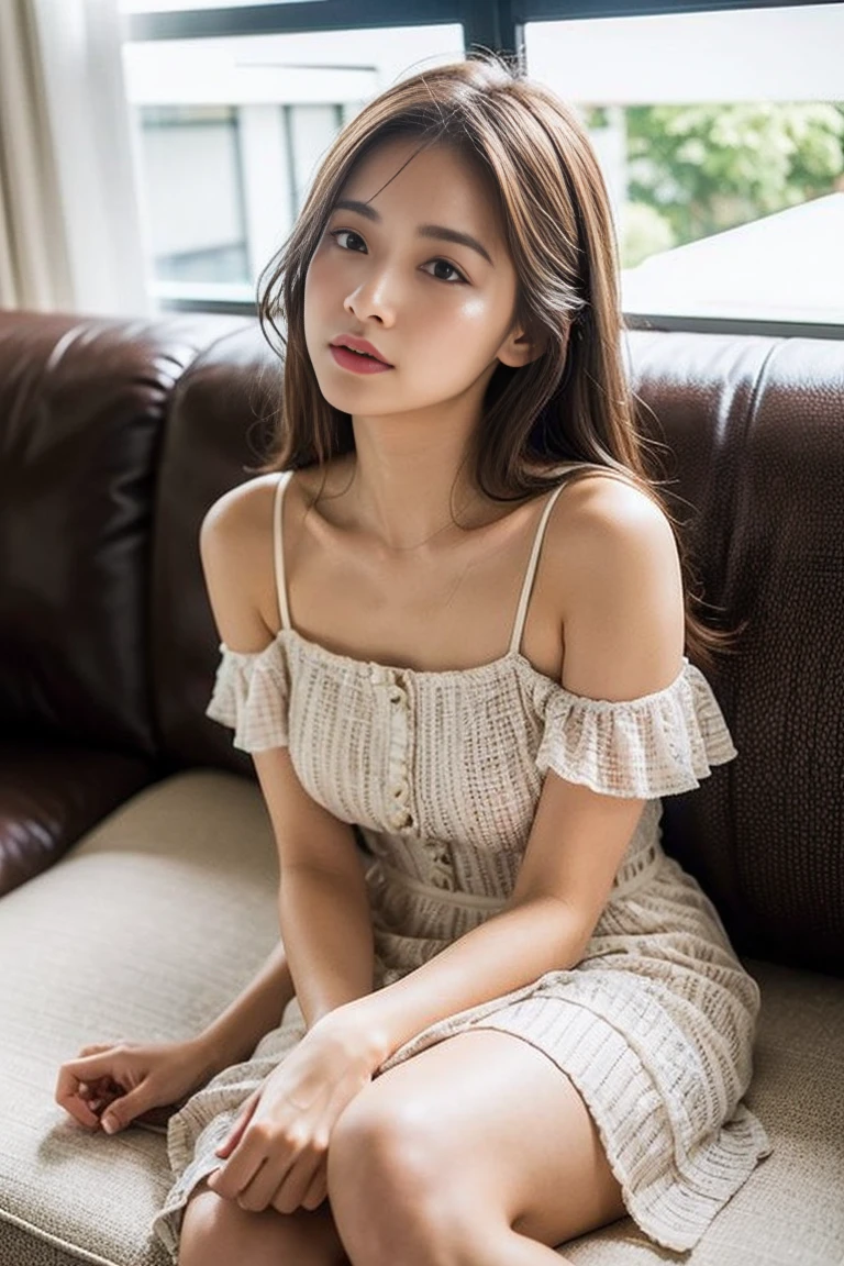 Dark brown hair、Light brown eyes、Japanese actress、 Lady、I am about 40 years old....、(Intricate details:1.2)、(Which is more expensive????:1.4)、 (Ultra-high resolution:1.2)、Ultra-high resolution、(fine adjustment)、(Detailed facial features)、Hmph、8k解像度、D cup size breasts、Long Hair、Large windows、Extravagant space、relax、、,Full body photo、Head to toe shot、Beautiful legs、Camisole dress、Beautiful legs、Breezy, Sunny living room、Big sofa in the living room、she, household items, (plant:0.8), Fashion Hub, Very detailedな, Very detailed, Realistic, Hourglass Shaped Body, Obscene pose,、、私 cry a lot、tears、person on the left、White wall、White floor、diagonally from below、please lift your chin、relaxした表情、Pose of Weakness、(auraroid photo:1.2)、From outside the window、Transparent painting、8k、32k、Highest quality、(Details of both eyes)、1 girl、elegant、(Loose dress :1.4)、sunset、sit、(I looked up and saw this:1.2)、Hilarious、Sleeping on the sofa、Top View。Looking into the camera、