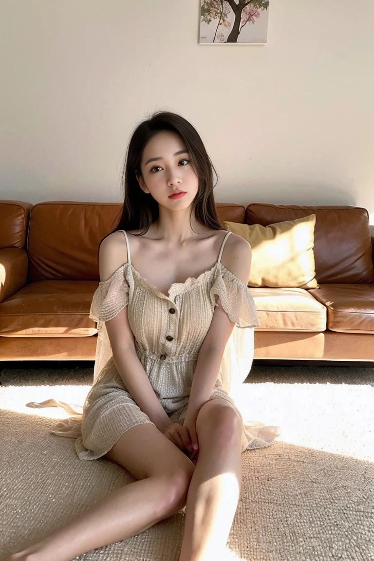 ((Realistic lighting, Best quality, 8K, Masterpiece: 1.3)), Clear focus: 1.2, 1girl, Perfect Figure: 1.4, Slim Abs: 1.1, ((Dark brown hair)), (Yellow floral slip dress: 1.4), (Indoor, night: 1.1), Ultra-fine face, fine eyes, double eyelids, squatting on bed, flushed complexion,