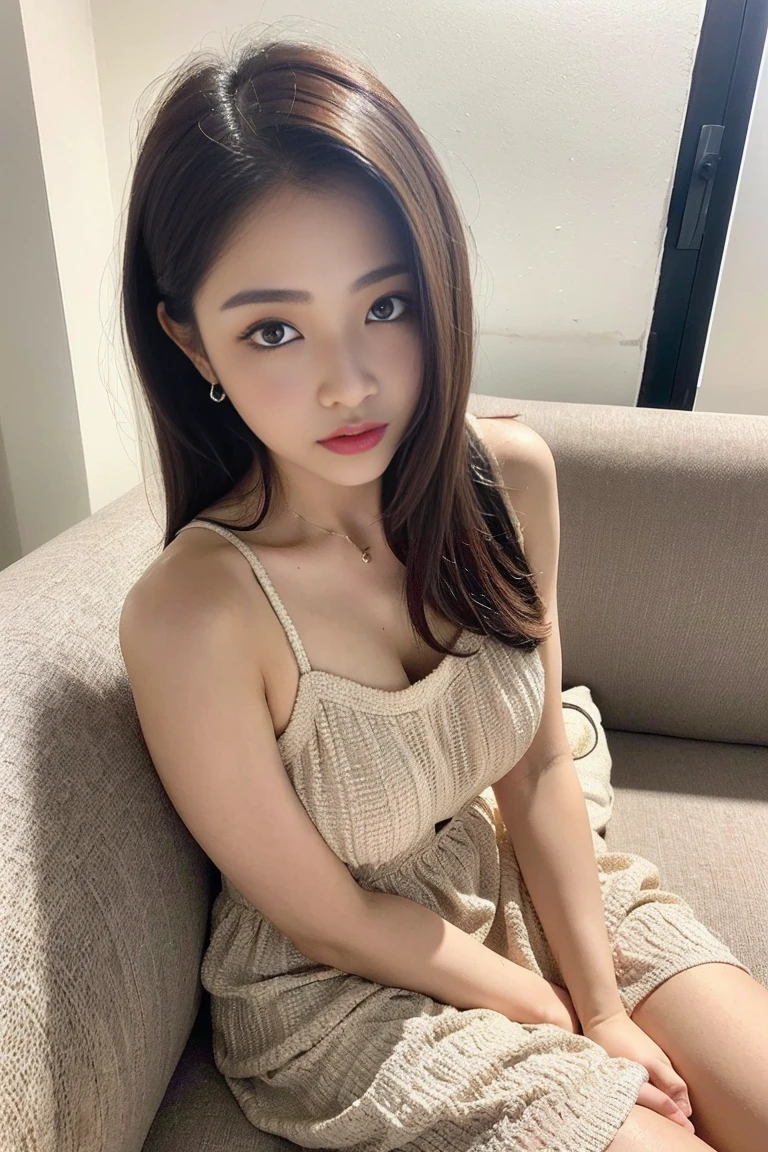 High quality, Perfect Lighting, Detailed face, Detailed body, (perfectbody), on the beds、Normal bit、cum shots、Gonzo、Joyful expression、SEX、laying on back、M-shaped legs、Angle from above、full body Esbian、a blond、natural make up、bangss、Brown hair、Spread your legs apart、hide crotch with hands