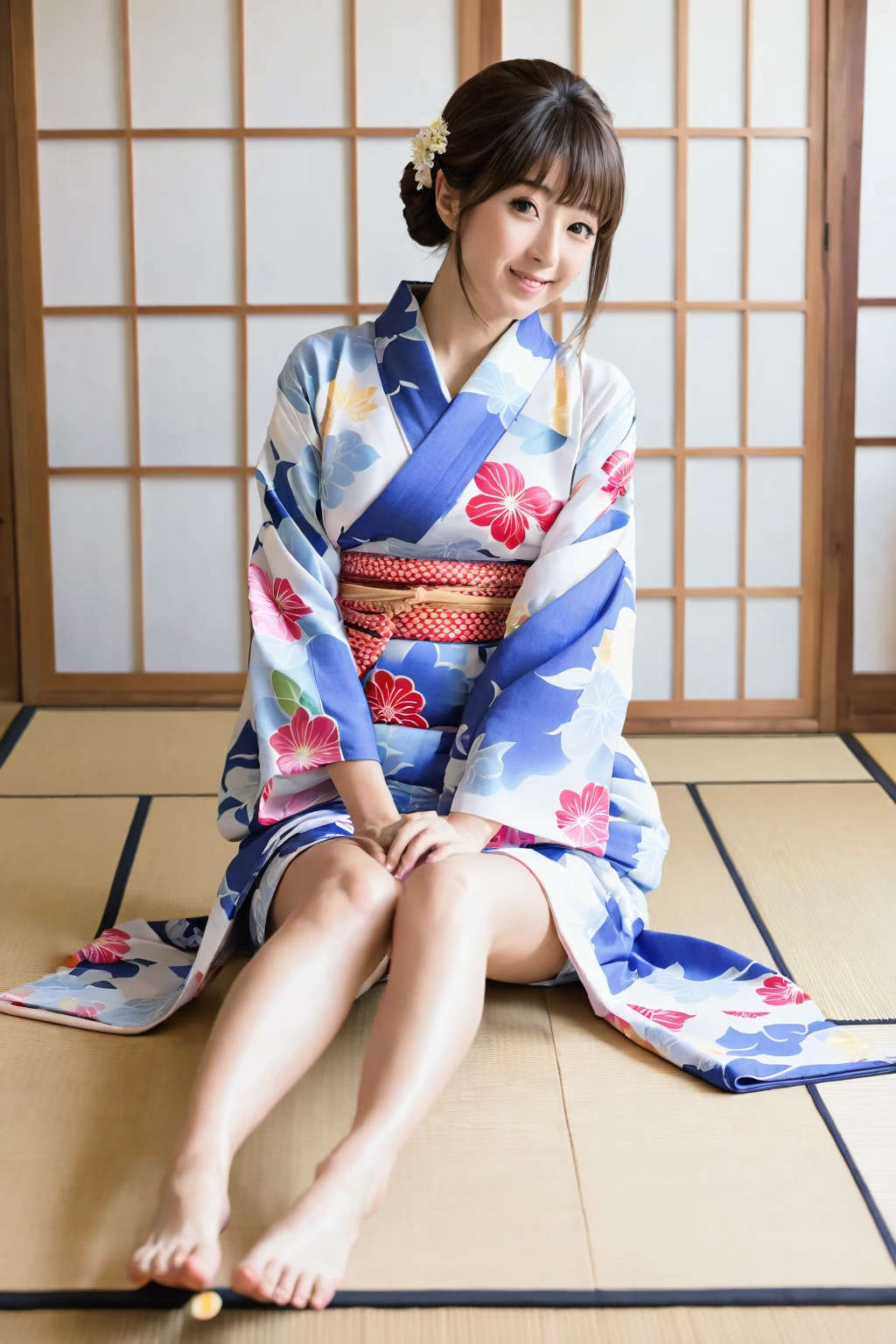 Wearing a yukata、Woman sitting with legs spread