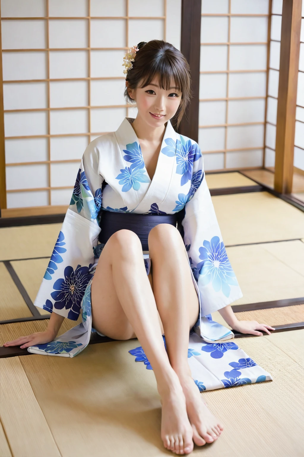 Wearing a yukata、Woman sitting with legs spread