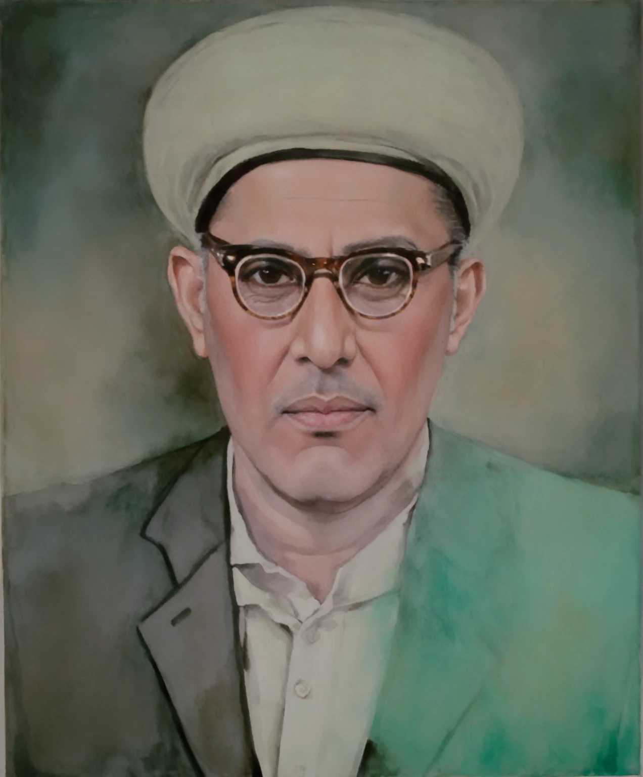 painting of a man in a hat and glasses wearing a suit, raden saleh, inspired by Abdur Rahman Chughtai, shabab alizadeh, by Abdur Rahman Chughtai, mohamed chahin, hicham habchi, ahmad merheb, mahmud barzanji, sayem reza, by Abdullah Gërguri, farid ghanbari