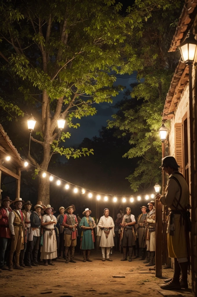 "An image of Tiradentes speaking to a group of people in a colonial setting, with the Brazilian flag in the background. Add elements like lit torches and scattered old documents."