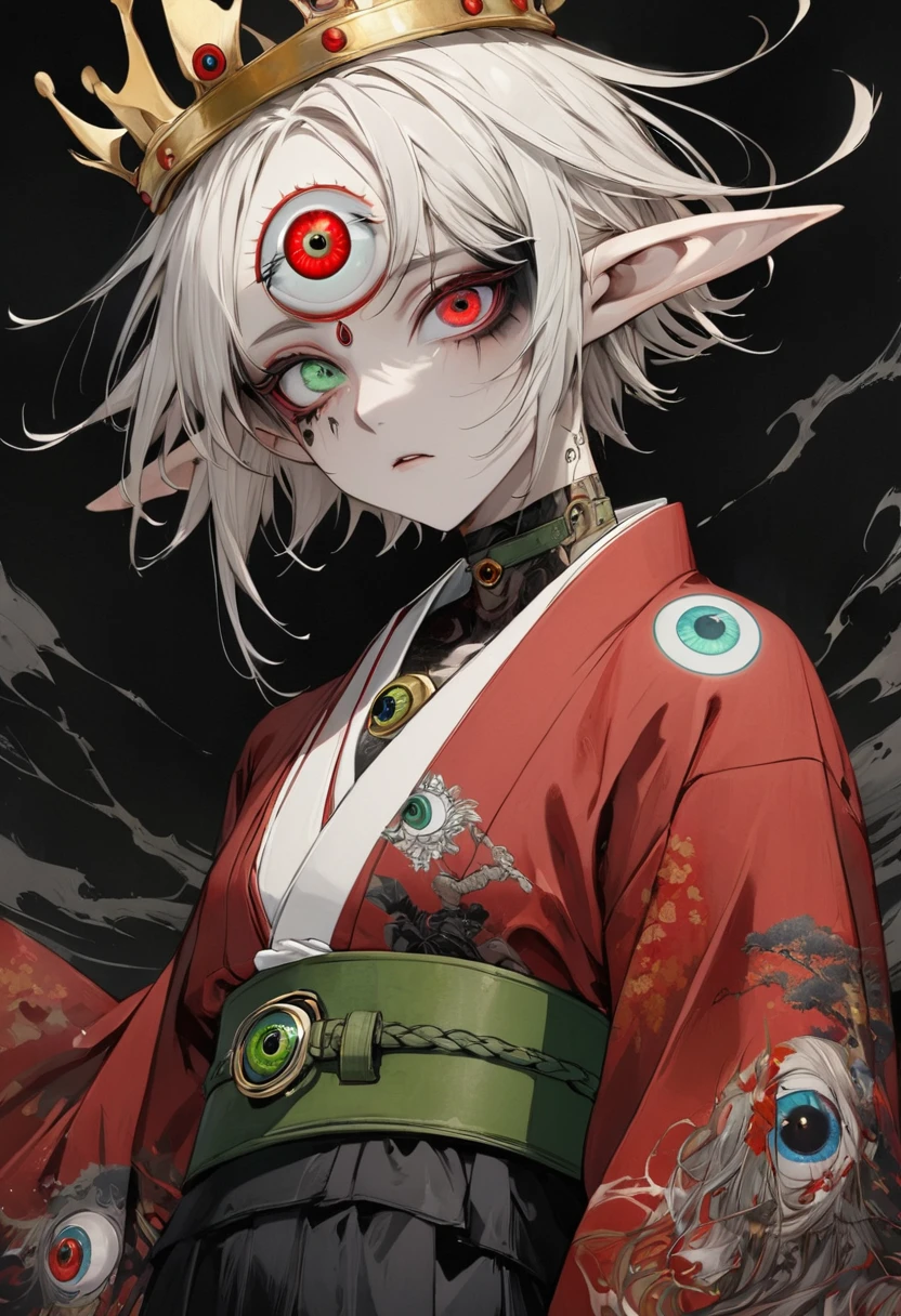 Japanese Anime,Second Dimension,Horror style,horror character,(((Three-eyed boy,独奏,third eye on the forehead,Dark eyeshadow,White short hair,Elf ears,Exaggerated golden crown-eyeball decoration))),(((Gorgeous Japanese red kimono,Eye pattern,Dark Pattern))).(((Thin waist,Green belt:1.6))).(style of santiago caruso,Tattoo on the neck),Ink smudged black background blur