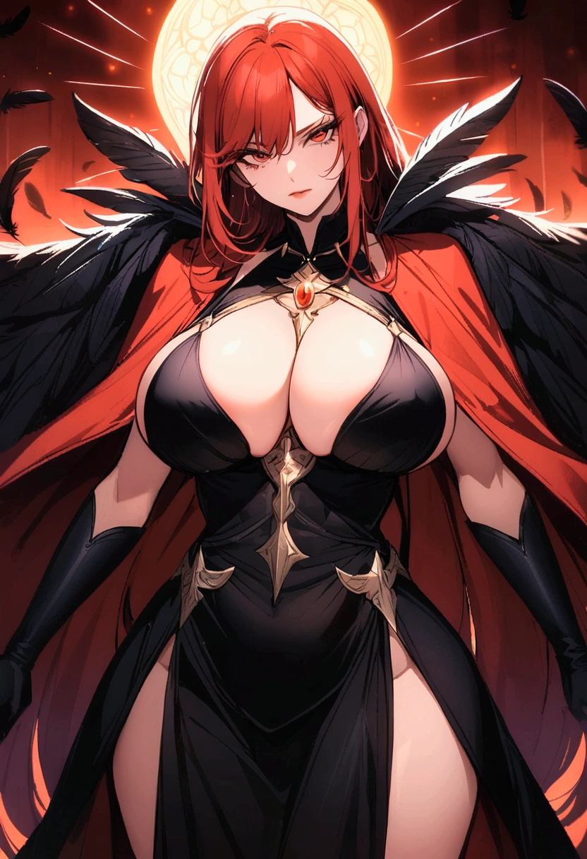 A sorceress with long red hair, long black low-cut dress, black feathers on the shoulders of the dress, bountiful breasts, evil gaze