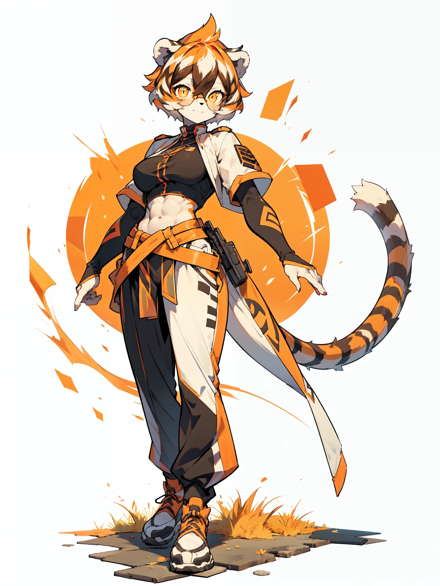 white background, full body,1girl，solo, Standing, animal ears, white hair, black hair, short hair, large breasts, Abdominal muscles,, tail, orange eyes, orange hair, multicolored hair, tiger girl, hair between eyes, tiger_ears, tiger_tail, orange-tinted_eyewear, tinted_eyewear, big breasts, evil smile, Shadows under feet,  (((soldier outfit:1.2))),