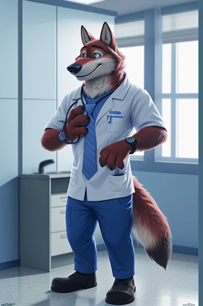 Joachim Wolfbach (Zootopia),tall handsome, wolf,young, 24 years, brown fur,(red body:1.3),Blue eyes, Moscow Dressed,gray medical gown,shirt pants,shoes,tie, BLUE, stethoscope, врач pediatrician,canine, wolf, detailed fur, Male, antro, paw pads, finger claws,Prays, at viewer, 5 fingers, paws, 5 fingers, smile, happy, resting, wrist watch,stethoscope,looks at the monitors, т nextel,hospital,bypasses пациентов, by xenoforge, (difficult, high detail, digital, photo, soft focus, RAW, pediatrician,ulba,tender, very kind, sincere, bypasses, patient, детский врач pediatrician,
photorealism, realistic, photorealistic, analog style, subsurface scattering, 
masterpiece, Best quality, ultra realistic, 8 K)