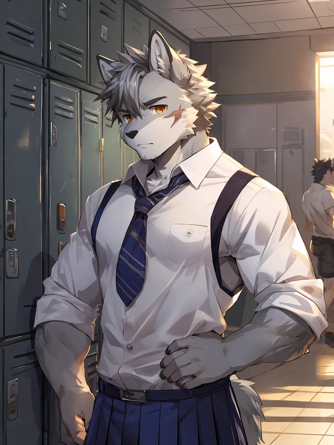 embedding:Gray wolf,Golden Eyes，Single Person,a scar on the face.Gray fur，High school students,male school uniform,A buzz cut,no hair,gray fur,gray hair,Standing by the school locker,Male,Handsome,muscle,A little nervous,Smart,Best quality hands, best quality eye，detailed fur，Delicate eyes.Extreme picture quality，by sollyz,by zixiong,by milkytiger1145