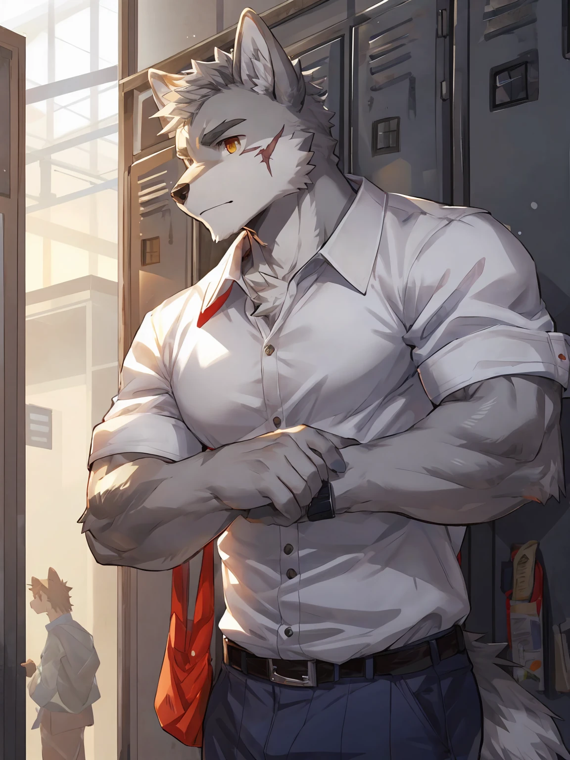 embedding:Gray wolf,Golden Eyes,Single Person,a scar on the face.Gray fur,High school students,male school uniform,A buzz cut,no hair,gray fur,gray hair,Standing by the school locker,Male,Handsome,muscle,A little nervous,Smart,Best quality hands, best quality eye,detailed fur,Delicate eyes.Extreme picture quality,by sollyz,by zixiong,by milkytiger1145