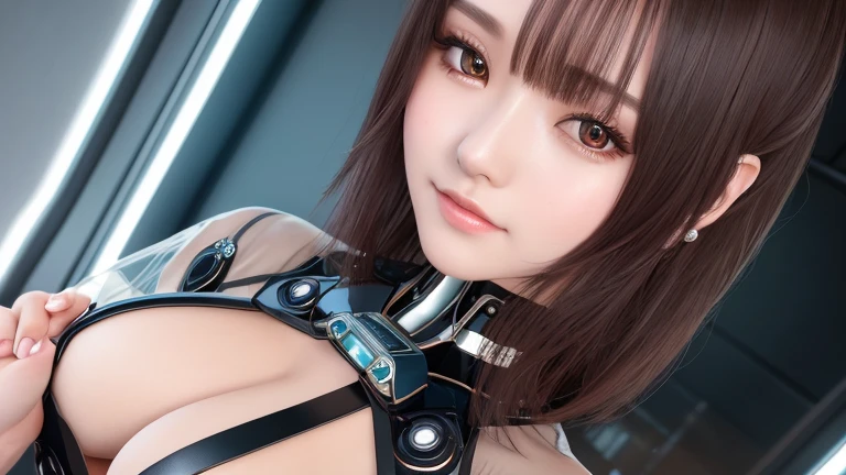 (mecha musume, mechanical wings, mechanical arms、shiny skin:1.5,Look at the viewer),highest quality, masterpiece, ultra high resolution, (realistic:1.4), RAW photo, 1 girl,(highly detailed skin, dark brown hair,Lightly wavy hair、 beautiful fine hair, delicate and beautiful features, seductive smile, beautiful and fine eyes, real skin texture), (big, 20 years,solo, sexy), (narrow eyes, blush),big breasts