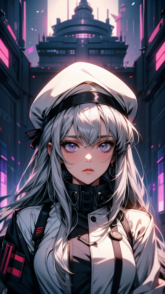 Anime girl with long white hair and purple hat, Gray-haired, perfect Gray-haired girl, Gray-haired少女, サイボーグ - Silver Haired Girl, Gray-haired, Cyberpunk Anime Girl, Nightcore, Gray-haired deity, Girls Frontline Style, Portrait Anime Astronaut Girl, Silver Haired Girl, Gweiz-style artwork