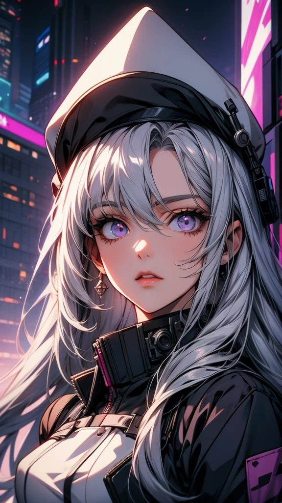 Anime girl with long white hair and purple hat, Gray-haired, perfect Gray-haired girl, Gray-haired少女, サイボーグ - Silver Haired Girl, Gray-haired, Cyberpunk Anime Girl, Nightcore, Gray-haired deity, Girls Frontline Style, Portrait Anime Astronaut Girl, Silver Haired Girl, Gweiz-style artwork