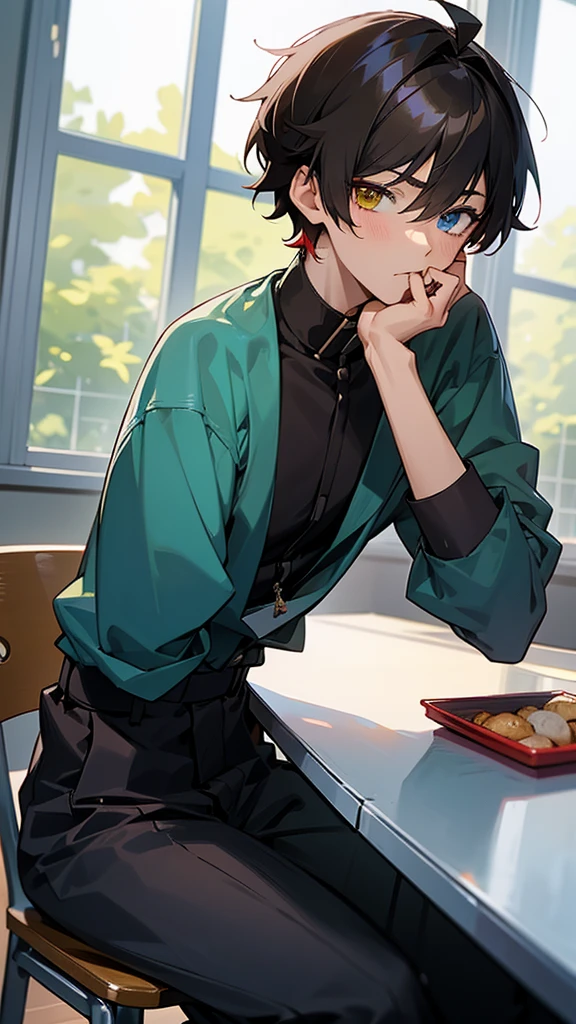anime: A 15-year-old anime boy was sitting in the cafeteria of his high school., He had facial features that made him look cute., His short hair was dark brown., He had heterochromia which differentiated him from the rest., with his left eye green and the other red, He seemed somewhat disinterested around him., I was not eating, in fact, I just looked at the window thoughtfully